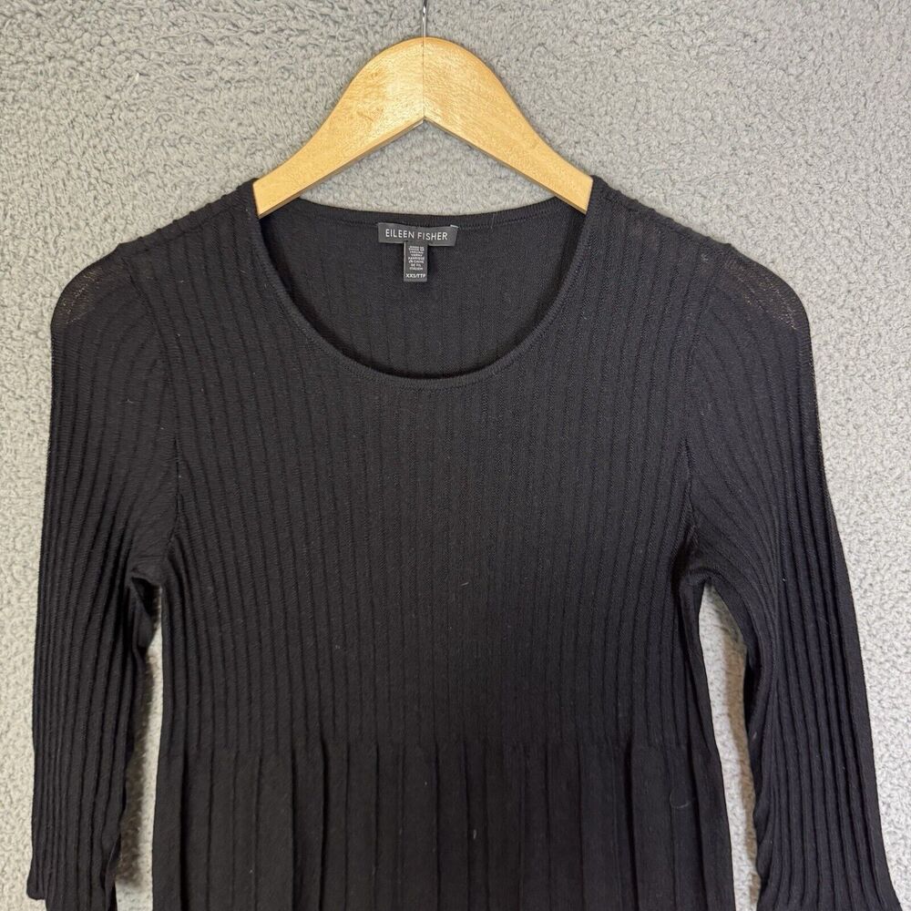Eileen Fisher Dress Womens XXS Black Wool Accordion Pleated 3/4 Sleeve Pullover - Picture 2 of 7